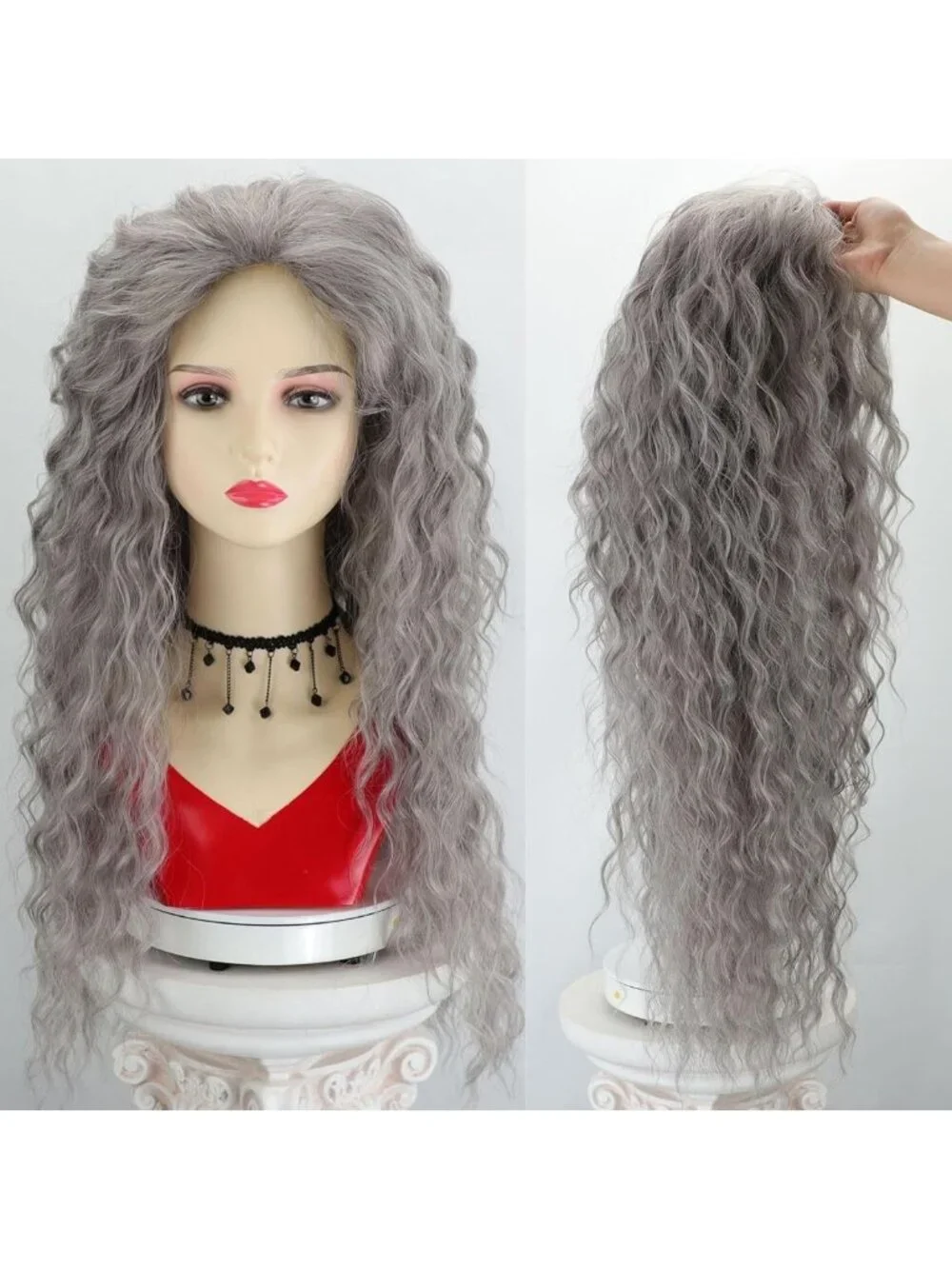 Long Curly Dark Grey Silver Synthetic Wig for Women - Natural Look, Stylish Hair